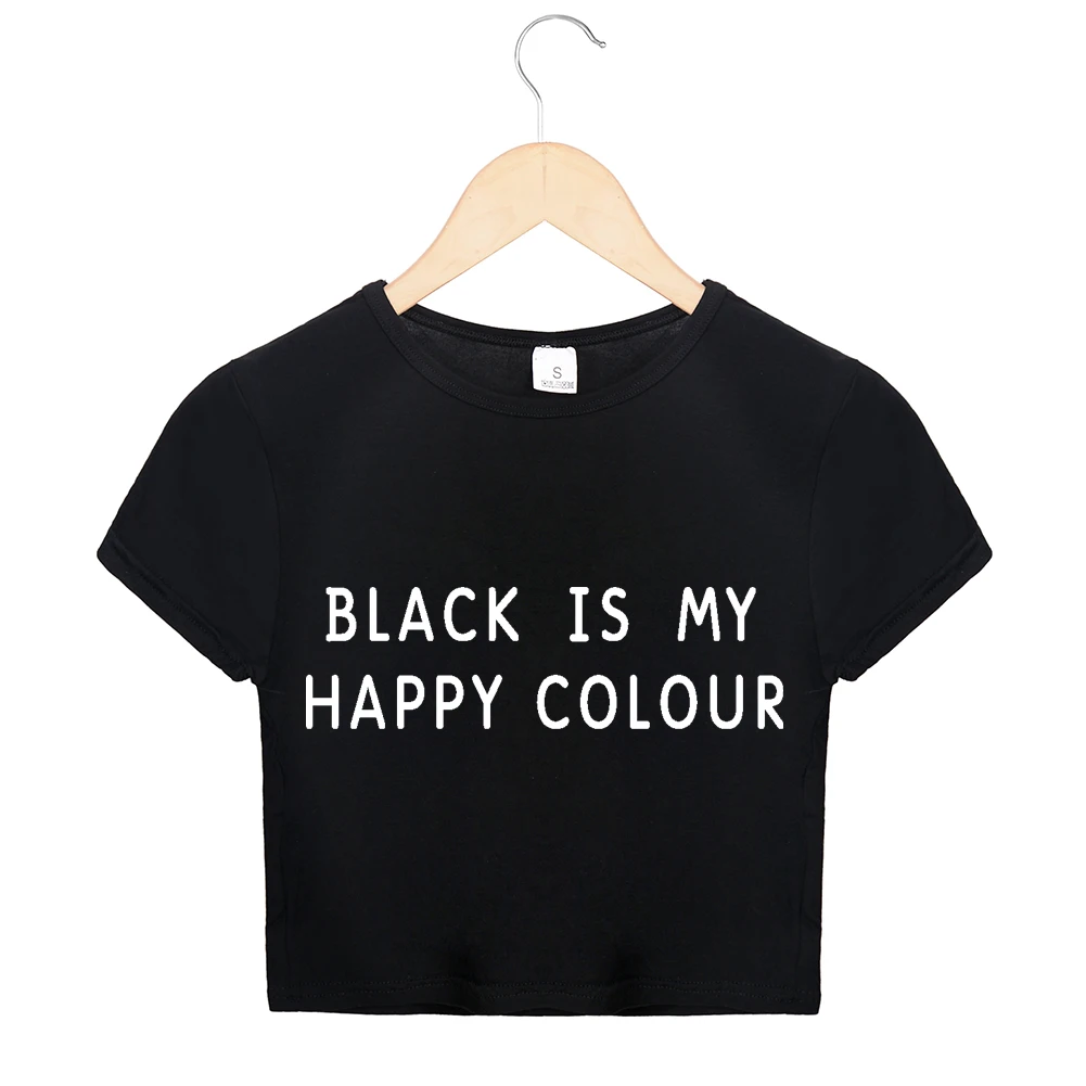 Черная Женская футболка с надписью Is My Happy Color черный кроп топ круглым вырезом