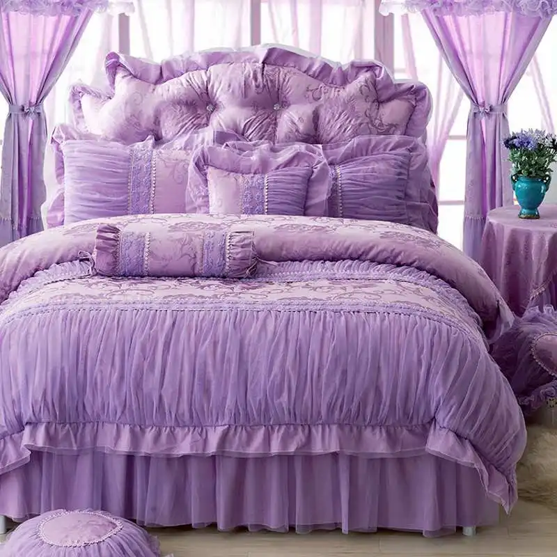 Purple Romantic Lace Princess Wedding Bedding Bedspread Sets 4pcs