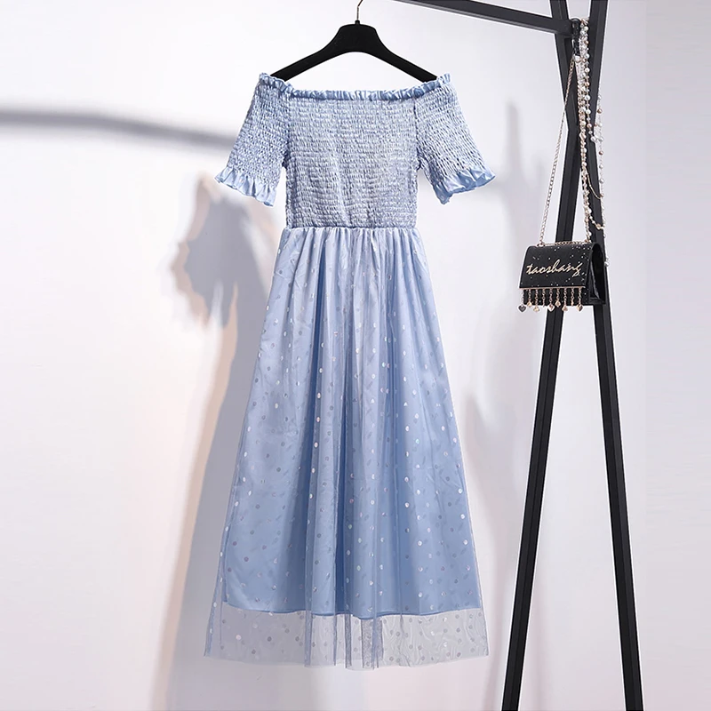 

Elegant High Quality French Style Summer Slash Neck Dress Women Sexy Off Shoulder Mesh Dress Midi Dresses Female Party Vestido