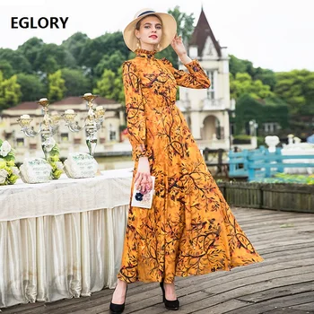 

Long Sleeve Maxi Dress 2018 Autumn Fashionable Women Ruffled Collar Elegant Floral Print Long Dress Yellow Vestidos Plus Size