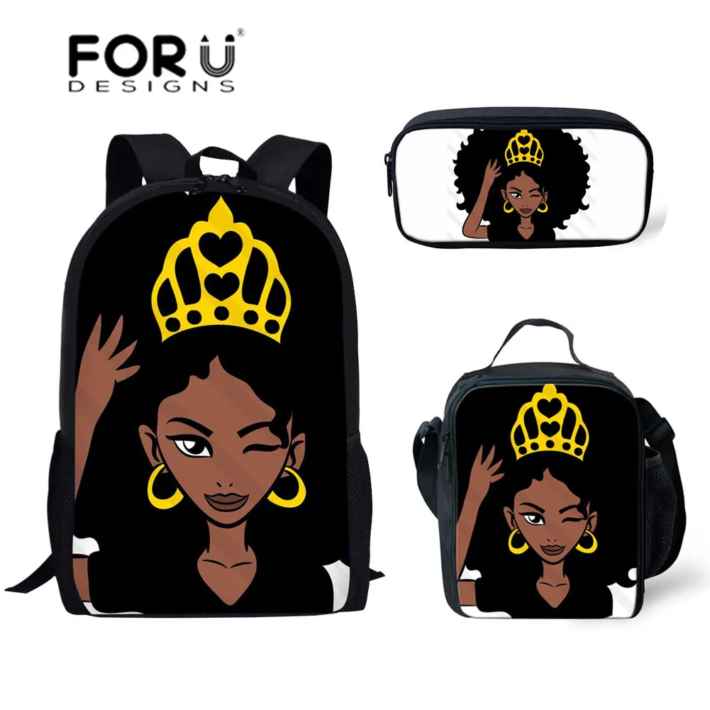 

FORUDESIGNS Black Queen African American Girls Print Women Backpack for Kids 3pcs/set Primary School Backpacks Children Bookbag