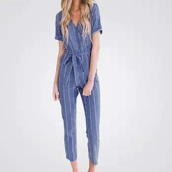 

Women 2019 Jumpsuits Elegantes Summer Cotton Linen Striped Plus Size Loose Belt Ladies V-neck Short Sleeved Striped Romper Ed