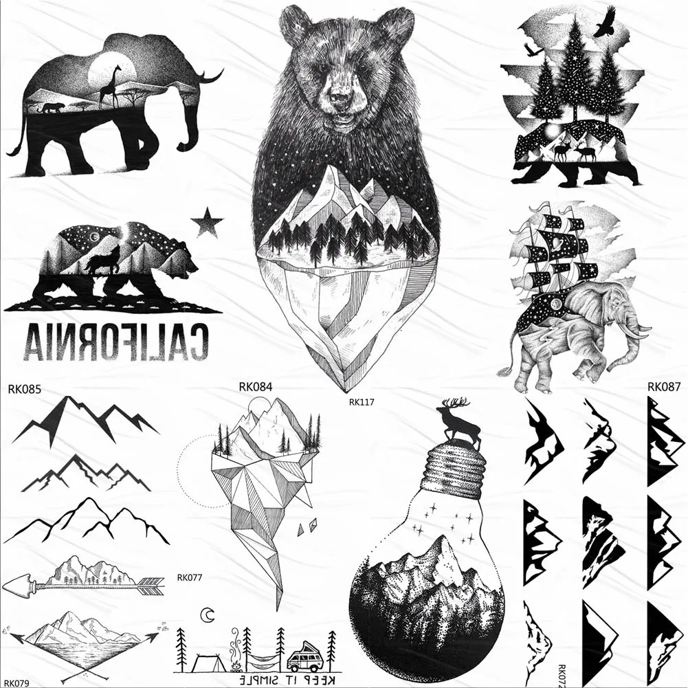 OMMGO милый черный горный Медведь Временные татуировки стикер лес парусный корабль на заказ тату боди-арт рука поддельные татуировки водонепроницаемый
