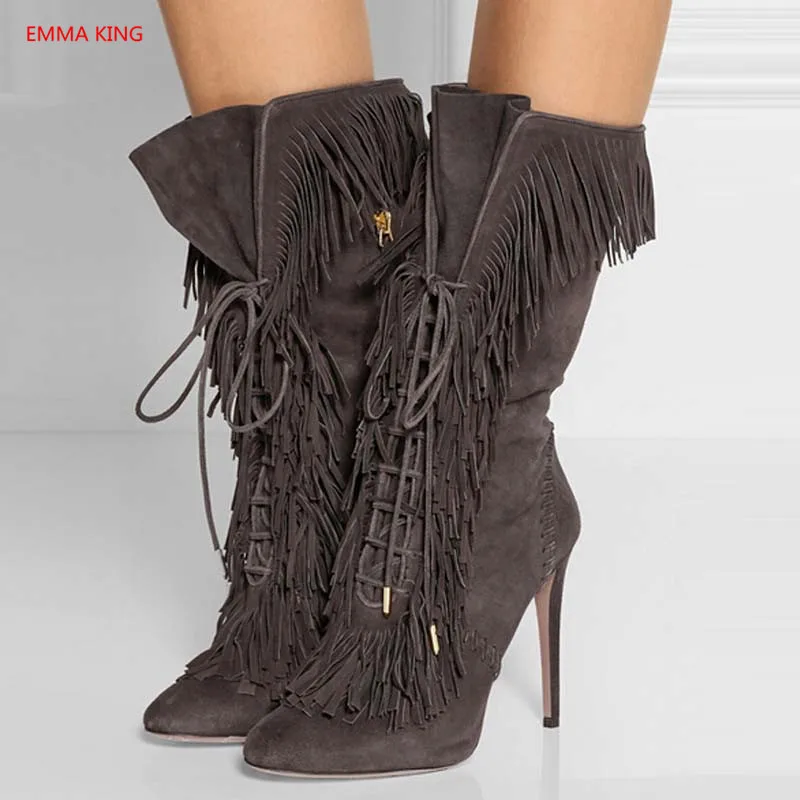 

Autumn Winter Solid Suede Lace Up Fringed Mid-Calf Boots Pointed Toe Side Zipper Stilettos High Heels Tassels Boots Woman Shoes