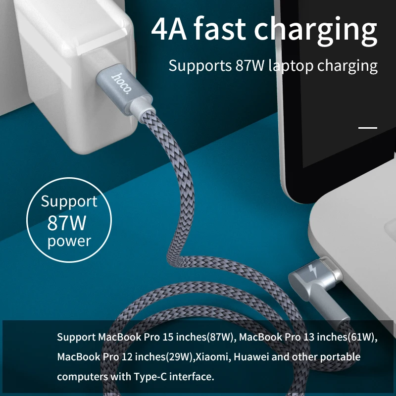 HOCO USB Type c to cable 4A 87W PD Fast Charging Cable For Macbook Samsung S9 Data sync magnetic usb Charger cable|Кабели для
