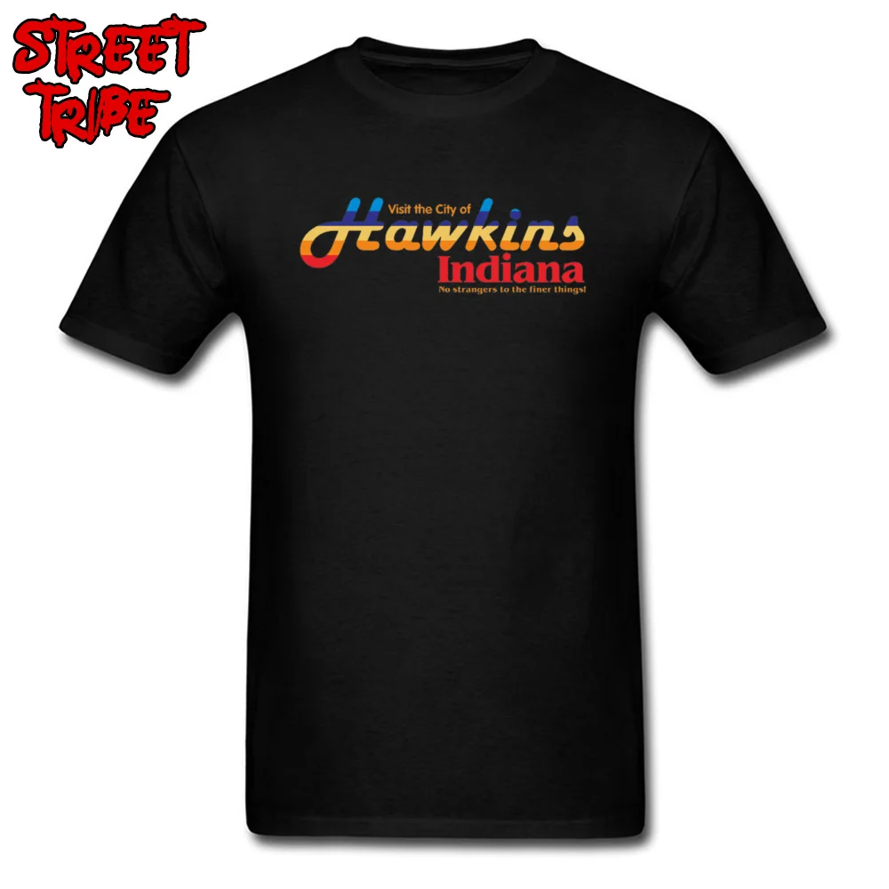 hawkins indiana Short Sleeve Tops Shirt Crewneck Cotton Fabric Men's T Shirts Casual Tee-Shirt 2018 New Fashion hawkins indiana black