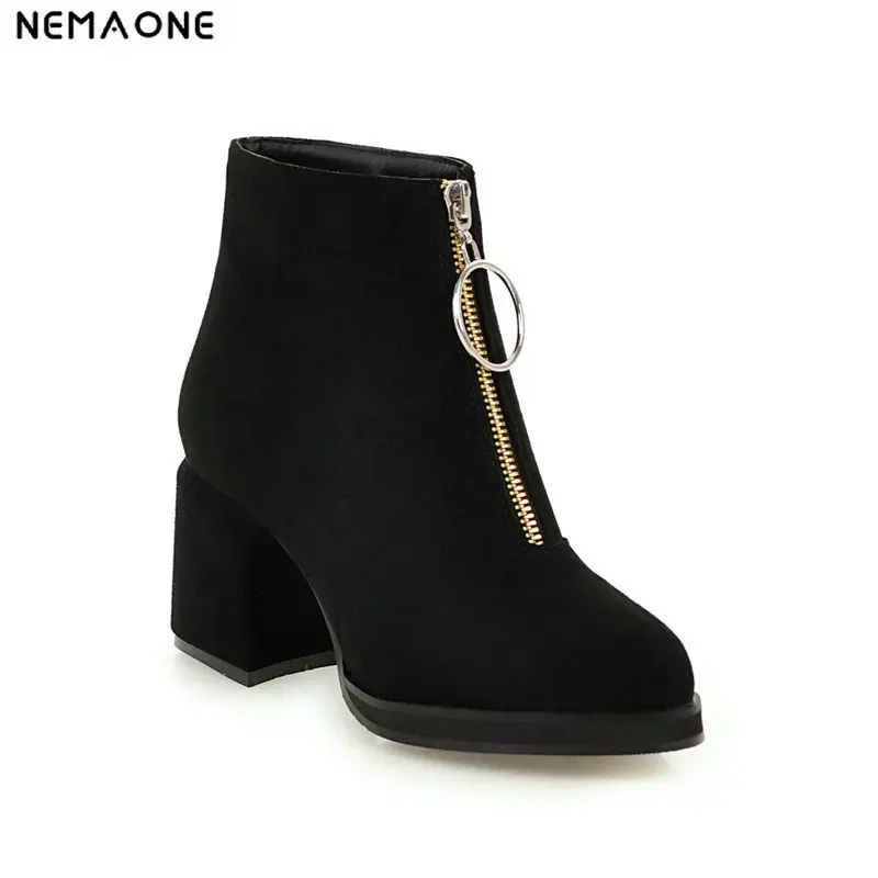 

NemaoNe Burgundy Pointed Toe flock Women Shoes Zipper Square High Heel Ankle Boots Women Motorcycle Boot Size 34-43