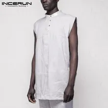 INCERUN Мужская Летняя Повседневная льняная рубашка без рукавов сплошной цвет воротник личности Белый Свободный Длинный жилет подходит воротник