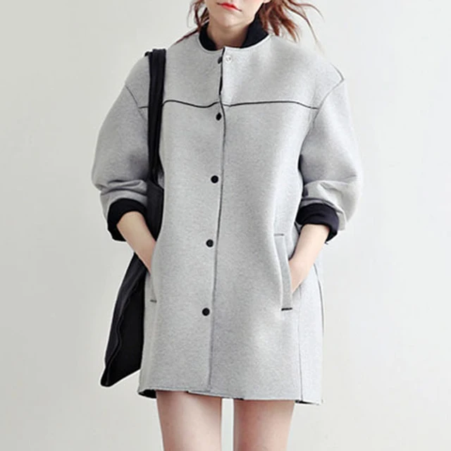 Autumn Winter Vintage Loose Light Grey Black Women Trench