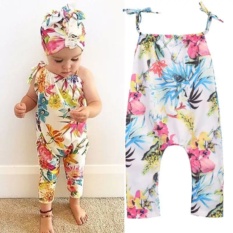 Summer Newborn Infant Baby Girl Jumpsuit Floral Print Romper Strap