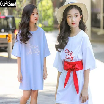 

Cultiseed Big Girl T-Shirt Dress Children Summer Letter Print Short Sleeve Loose Casual Dress with Belt Kids Cotton Dress