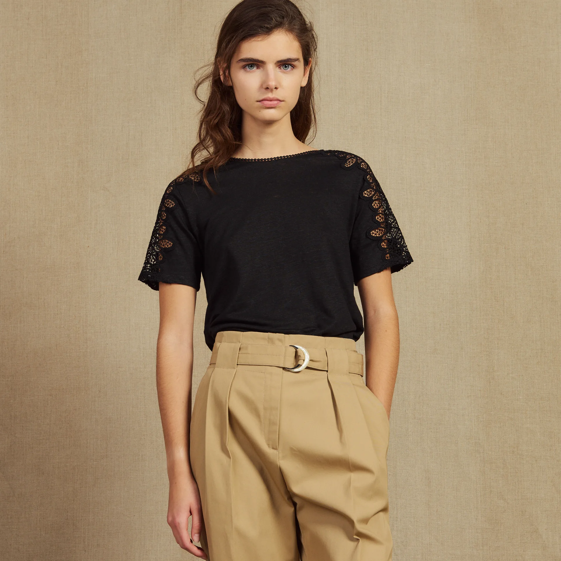 

Women T-shirt 2019 Spring and Summer New Lace Openwork Casual Solid Color Round Neck Loose T-shirt