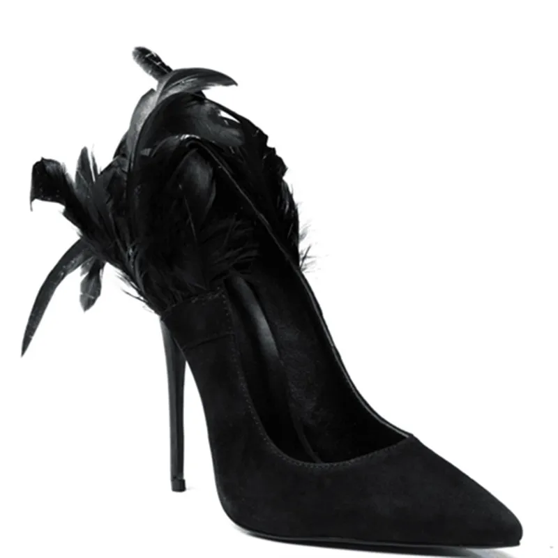 Обувь из натуральной кожи в стиле знаменитостей; украшенная перьями женская обувь на высоком каблуке; пикантные туфли-лодочки с острым носком на шпильке; вечерние Клубные туфли