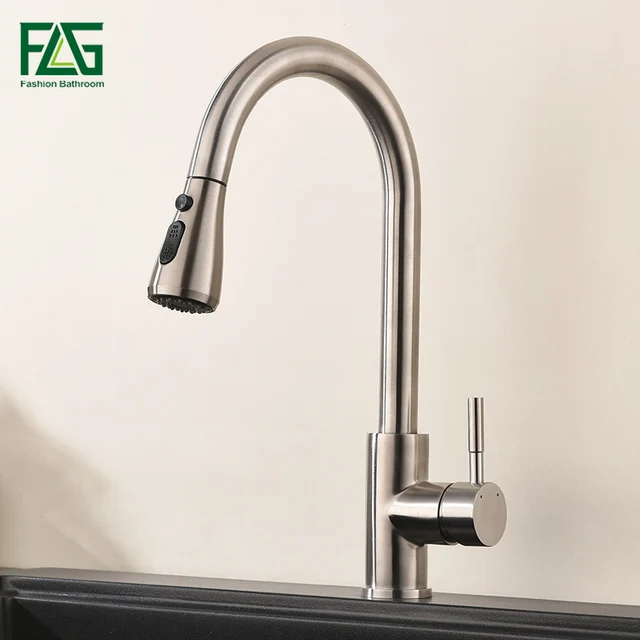 Cheap FLG Brushed Nickel Kitchen Faucets 304 Stainless Steel Single Handle Pull Out Kitchen Tap Swivel 360 Degree Mixer Tap AEG969-33N