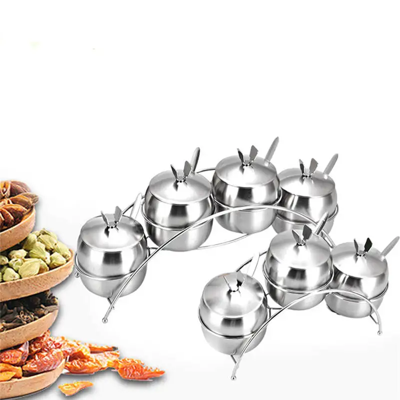 

Kitchen Supplies Apple Shape Stainless Steel Condiment Pot&Spice Container Salt Sugar Bowl Serving Jars With Spoons