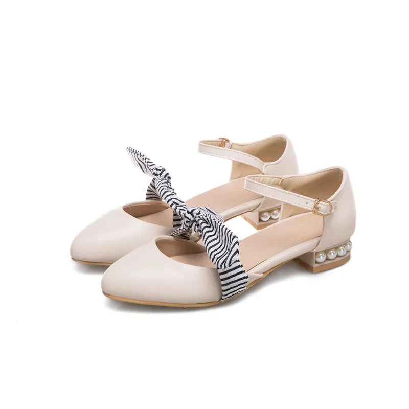 YMECHIC/белые, розовые, бежевые туфли Mary Jane на низком каблуке с милым бантом женская Пряжка из бисера женская повседневная обувь для вечеринок - Цвет: Бежевый