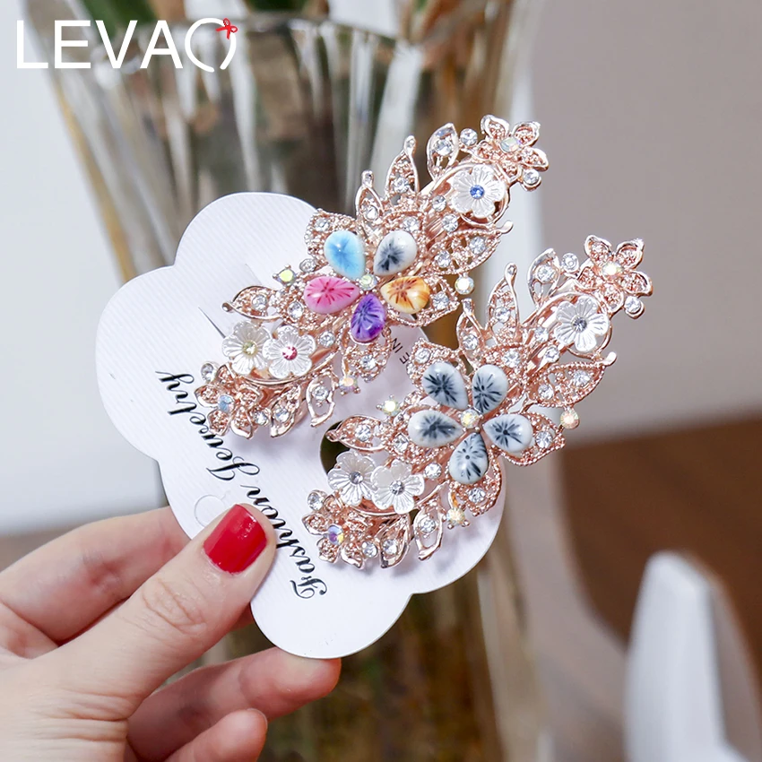 

Levao Women Rhinestone Flower Hairpins Vintage Long Barrettes Hair Clips Crystal Metal Hollow Hair Accessories Hairgrip