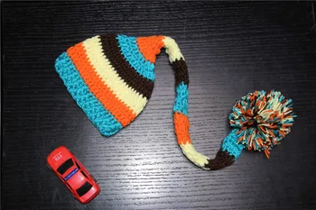 

free shipping, newborn Long tailed stripey pixie elf hat with pom pom. Newborn crochet photography prop size:0-1m,3-4m