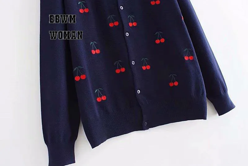 Круглый вырез большой размер теплый женский свитер осень зима вязаный Femme вишня вышивка кардиган женский топы CherryS5
