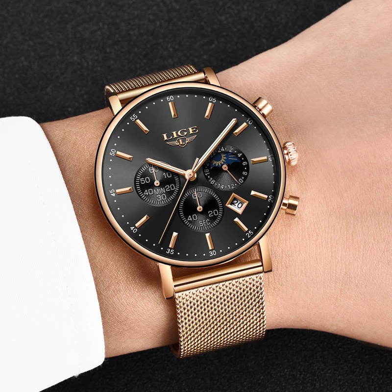 New LIGE Mens Watches Top Brand Luxury Fashion Ultra Thin Quartz Watch Men Moon Phase Business Clock Sport Waterproof Relojes