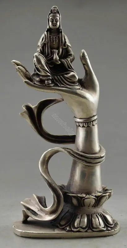 

Collectible Decorated Old Tibet Silver Carved Kwan-yin Sit In Buddha Hand Statue fast SHIPPING