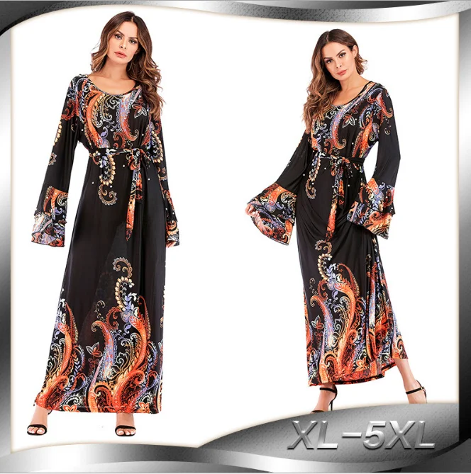 Muslim Print Abaya Beading Maxi Dress Party Uae Long Robe Gowns Jubah