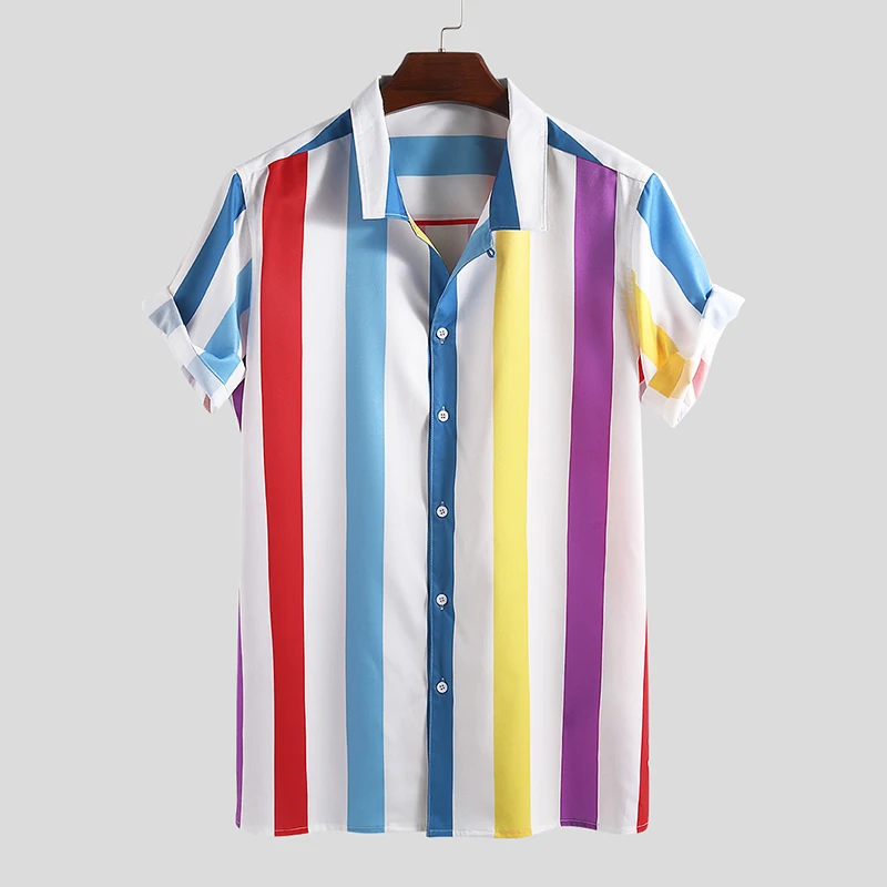 

Summer Striped Hawaiian Shirt Men Colorful 2019 Lapel Neck Short Sleeve Blouse Streetwear Casual Shirts Hombre Vacation Camisa