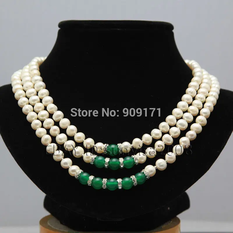 

Free Shipping>>triple strands 8-9mm natural south sea white pearl necklace 18-22'' +green jade