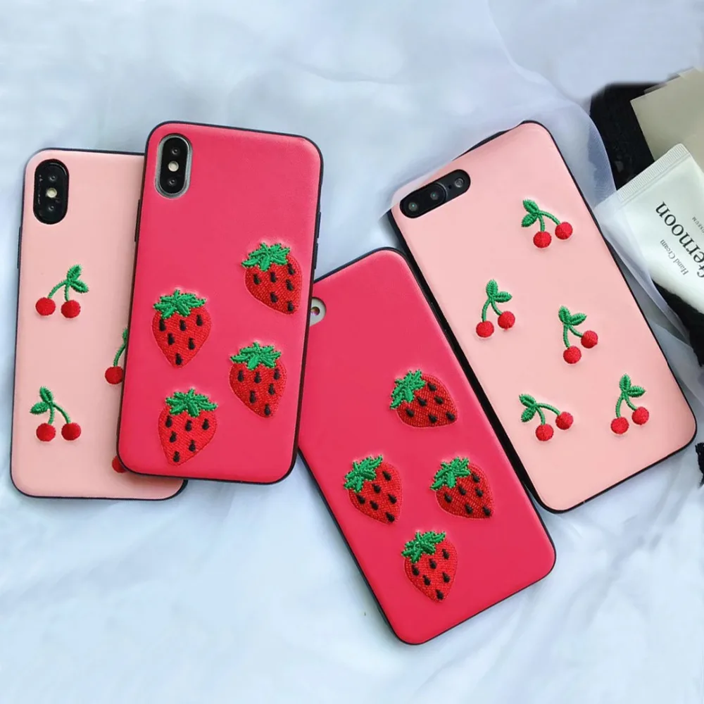 Fashion Artsy Korean Exquisite Fresh Embroidery Fruit Strawberry Cherry Candy Color Warm Phone Case For IphoneXS/6/7/8plus |