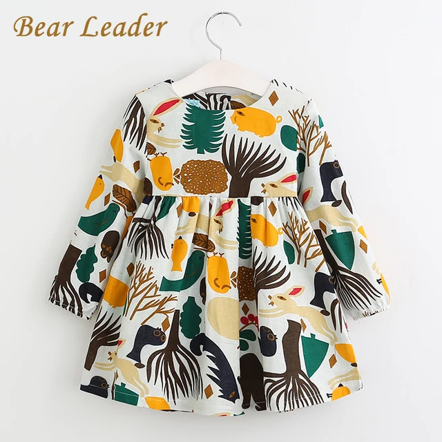 Bear Leader Девушки Платье 2017 Новая Осень Англия Стиль Девушки Одежда С Длинным Рукавом Мультфильм Лесные Животные Граффити для Детей Платья