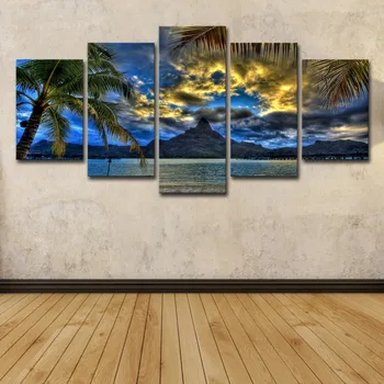 

5 Piece Modern Beach Clouds Mountain Palms Prints Sea Posters Artwork Seascape Pictures Paintings on Canvas Wall Art Home Decor