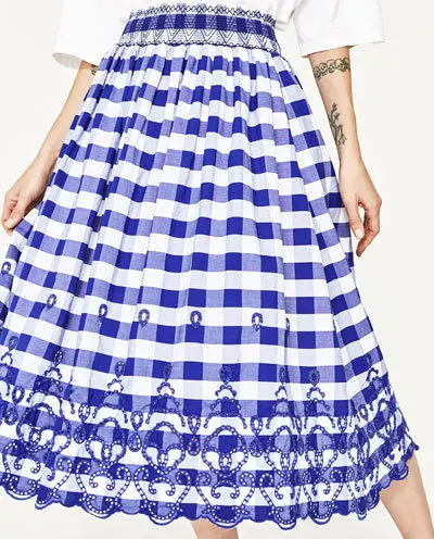 Señora Grande Y Hight Mitad Cintura Verano Tela Nueva Americanos Hem Falda Faldas La De Niza Casual Pantorrilla Estilo Escocesa Mujeres Europeos Bordado Las xpqnwHfTdx
