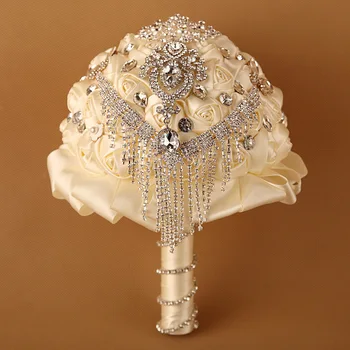 

Elegant Rhinestone Bridal Wedding Bouquet With tassel Beaded Brooch And Silk Roses,Romantic Wedding Colorful Bride 's Bouquet