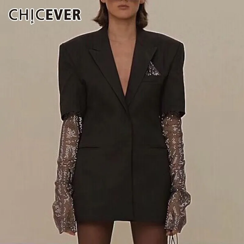 

CHICEVER Korean Blazer For Women Notched Collar Loose Long Sleeve Diamond Patchwork Coats Female Fashion New Clothes 2019 Autumn