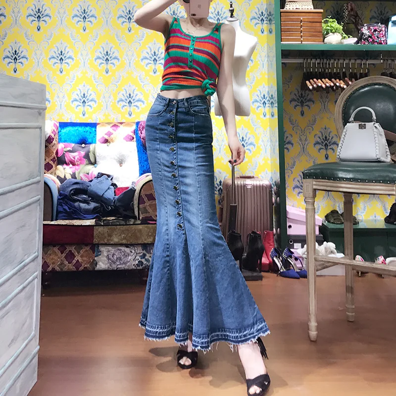 Free Shipping 2023 New Fashion Buttons Slim Hip Fish Tail Long Maxi Skirt For Women Stretch Denim Mermaid Style XS-2XL custom made 40cm to 80cm long wrist buttons style 1 real sheep leather evening opera gloves 18 colors to choose