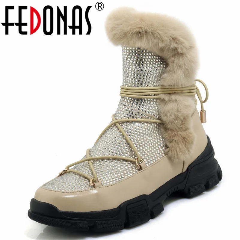 

FEDONAS Fashion New Women Warm Winter Ankle Boots Rhinestone Night Club Party Shoes Lace Up Winter Casual Shoes Woman Boots