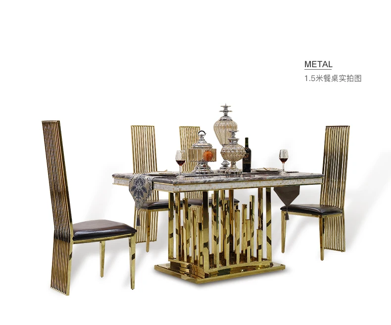 minimalist modern designer unique new stainless steel golden dining room set with marble table and leather chairs(1+4 chairs) minimalist modern designer unique new stainless steel golden dining room set with marble table and leather chairs(1+4 chairs)