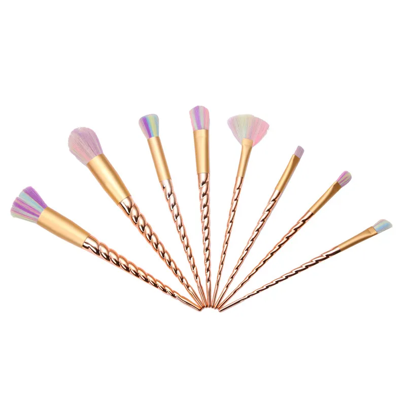 

Hot Sale 8Pc/set Gold Plastic Helical Handle Make Up Eye Shadow Cosmetic Concealer Maquiagem Face Care Tool Rainbow Hair Brushes