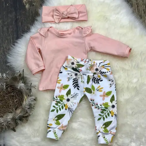

2018 Autumn Toddler Infant Baby Girls Pink Long Shirt Soild Tops T shirt Floral Pants Headband Cute Princess Outfit Clothes Set