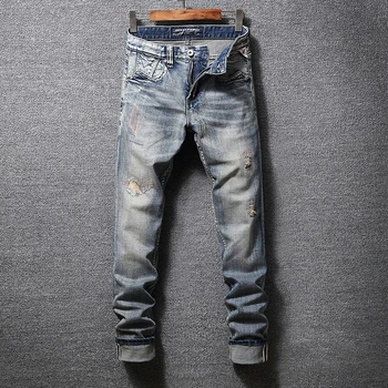 

Fashion Streetwear Men Jeans Slim Fit Embroidery Ripped Jeans Men Denim Hip Hop Pants Italian Vintage Classical Jeans Homme