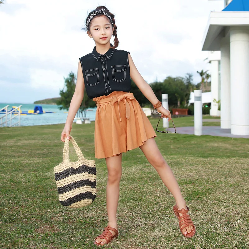 

Summer Girls Clothes Set Vest Skirt 2 Piece Set Fashion Cotton Turn-down Collar Sleeveless Bow Clothes Girl Casual Clothing Sets