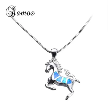 

Bamos Unique Female Animal Horse Jewelry Silver Color Blue Fire Opal Pendant Necklaces For Women Men Gifts NL0062