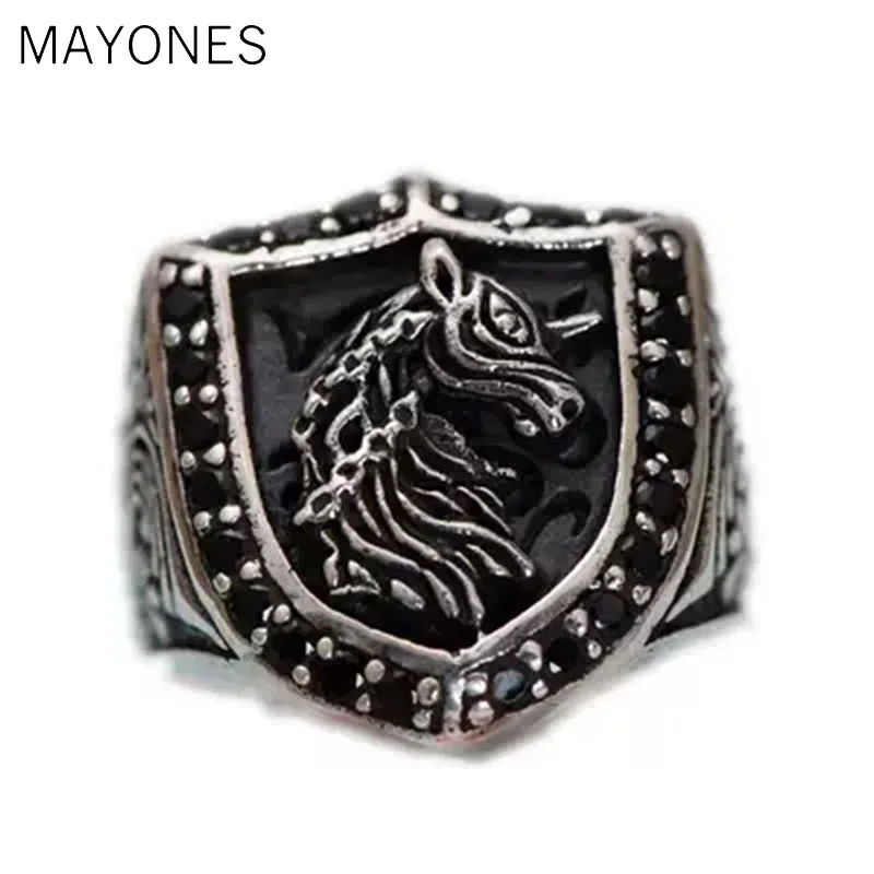 MAYONES Настоящее серебро 925 проба загадочное кольцо Единорог ювелирные изделия инкрустированные обсидиан для мужчин Размер 8 9 10 10,5
