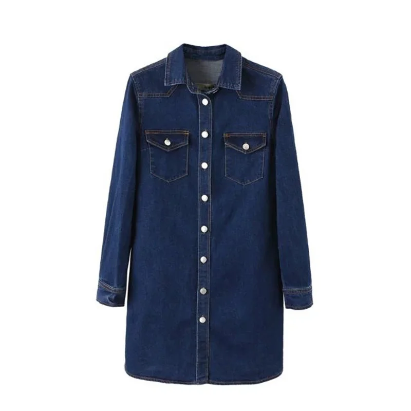 

autumn female casual solid color shirt long denim shirt