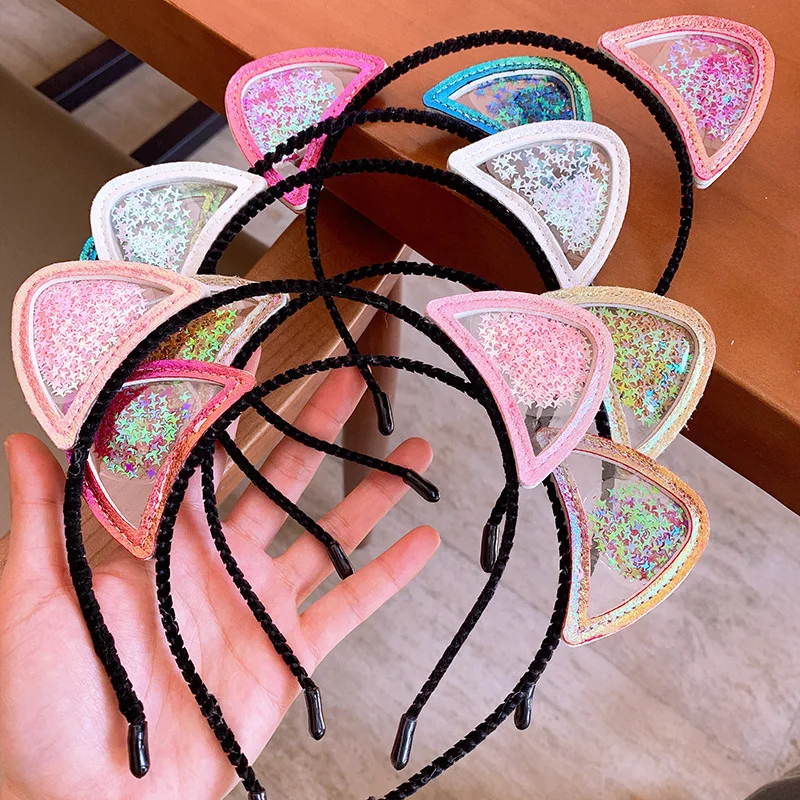 

New Transparent Sequins Cat Ears Headband Crystal Star Cute Children Hairband Hoop Korean Turban Headwrap for Girls