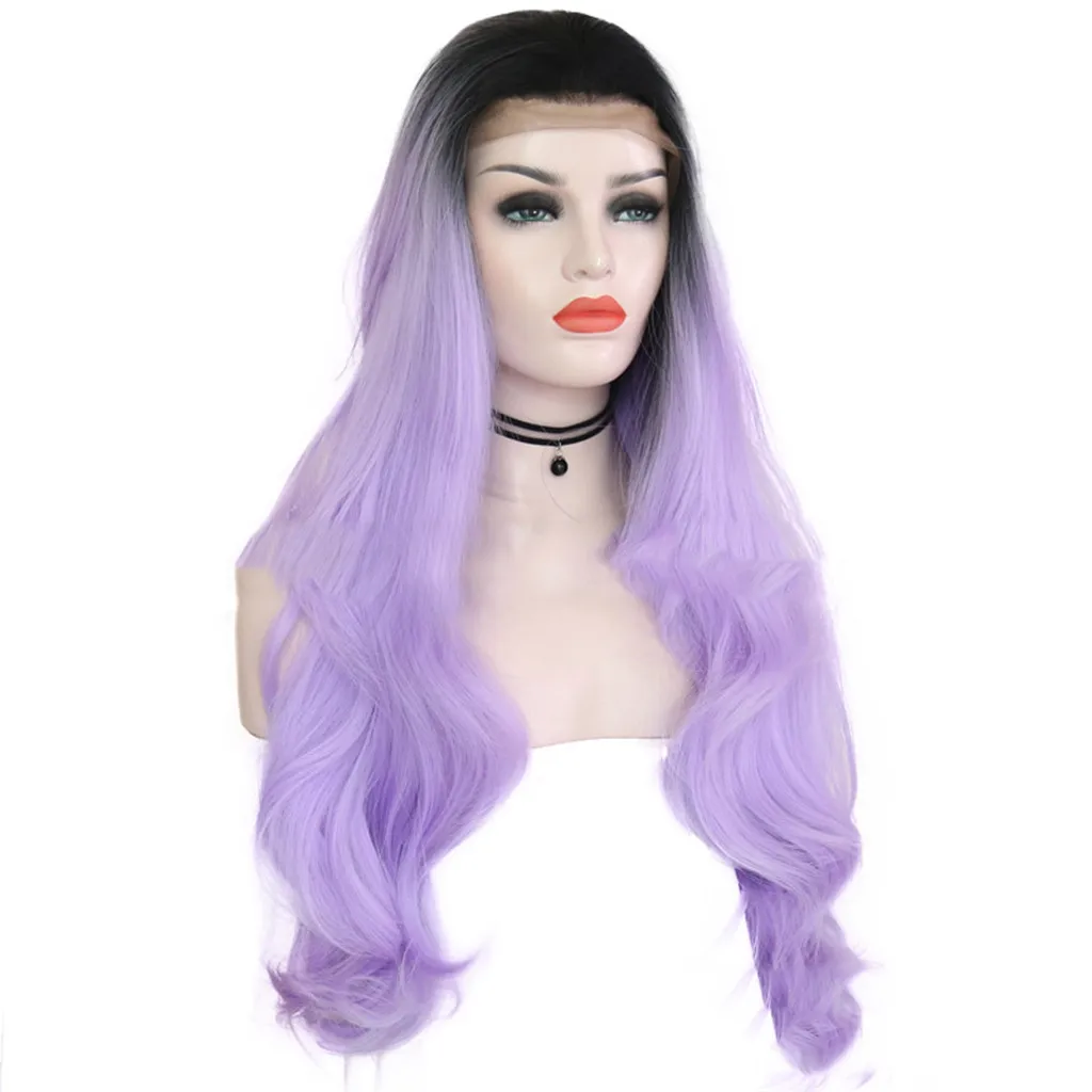 

Factory price 1pc Women Fashion Lady False Wig Black Pueple Front lace Synthetic Hair Long Curly 65cm Styling Accessories Apr3