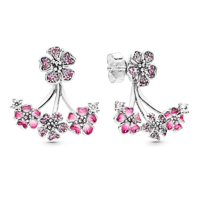 

2019 NEW Spring 100% 925 Sterling Silver Peach Blossom Flower Earring Pink Studs Fit Women Jewelry Gift to Girlfriend Factore