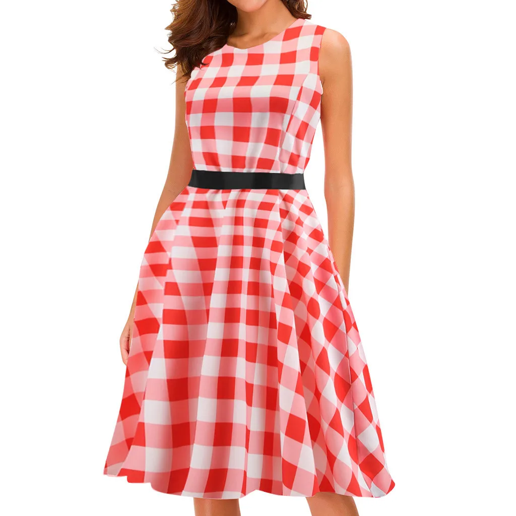 

Vintage Red Plaid Print Sashes Dress Women Summer 2019 Beach styles O-Neck Sleeveless A-Line Casual Knee-Length party Dress F611