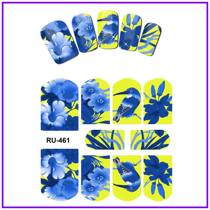 Uprettego дизайн ногтей Красота водная наклейка слайдер наклейка для ногтей Темно-китайская синяя белая птица цветок лист лоза ротанга лист RU457-462 - Цвет: RU461