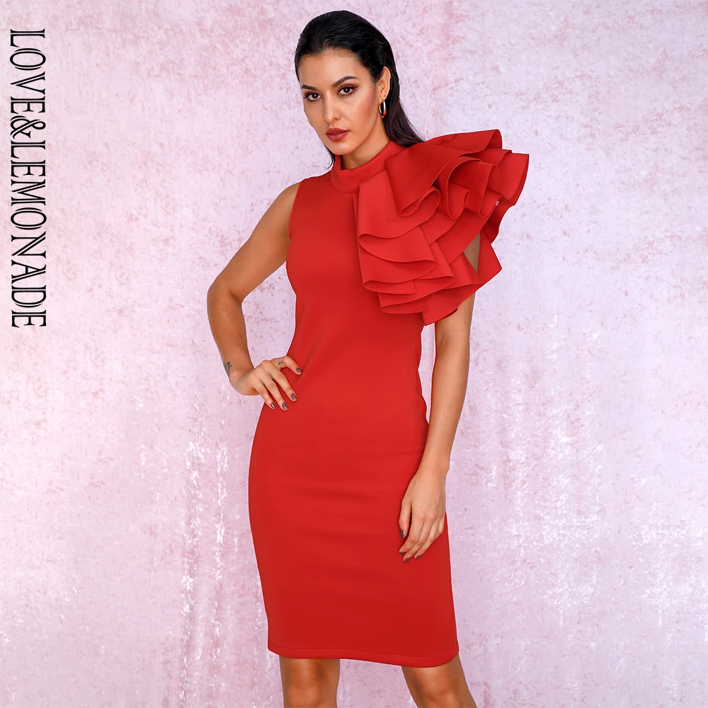 

LOVE&LEMONADE Sexy Red Stand Collar Sleeveless Large Ruffled Trim Bodycon Party Dress LM90002